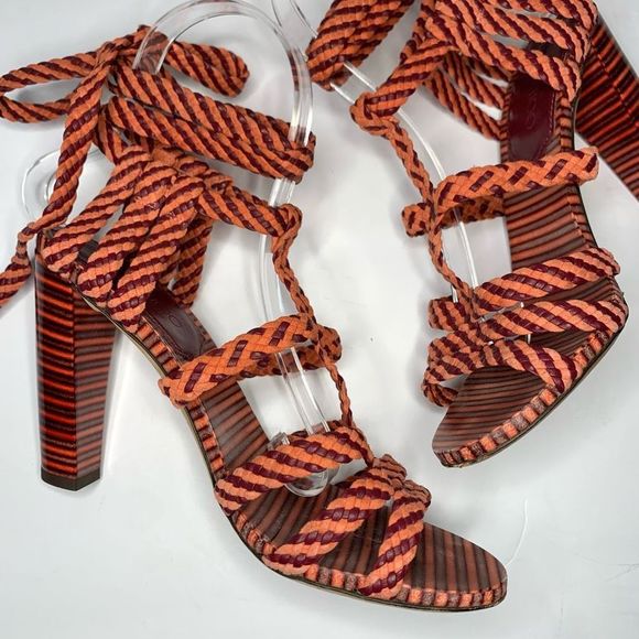 Jimmy Choo Trix 100mm Woven Multi-Wrap Sandal High Heel Pumps Coral EU 37 US 7 - Picture 7 of 11